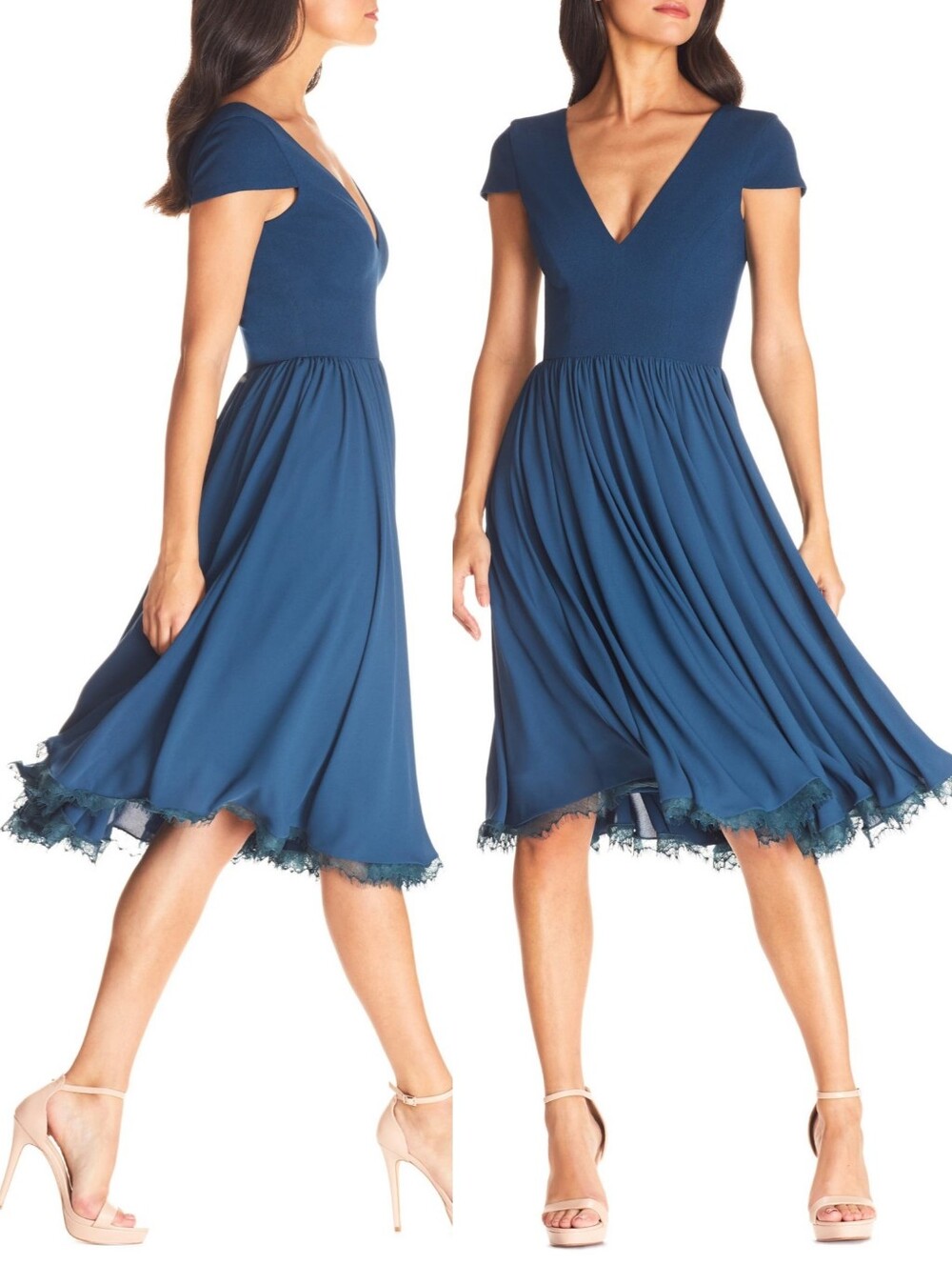 Dress The Population Corey Chiffon Fit & Flare Cocktail Dress Small Peacock Blue
